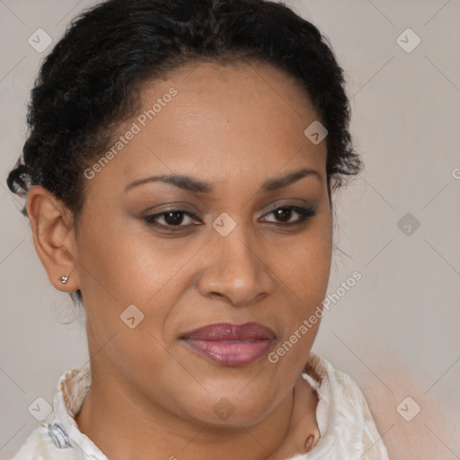 Joyful latino young-adult female with short  brown hair and brown eyes