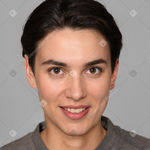 Joyful white young-adult female with short  brown hair and brown eyes