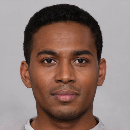 Neutral black young-adult male with short  black hair and brown eyes