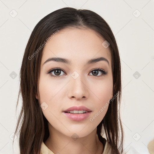 Neutral white young-adult female with long  brown hair and brown eyes