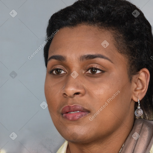 Joyful black young-adult female with short  black hair and brown eyes
