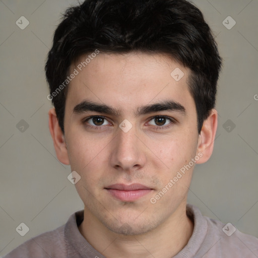 Neutral white young-adult male with short  brown hair and brown eyes