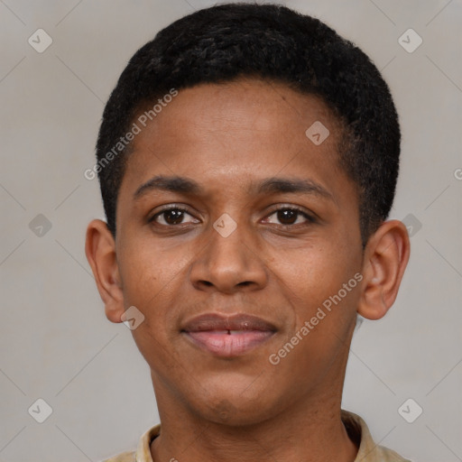 Joyful black young-adult male with short  brown hair and brown eyes