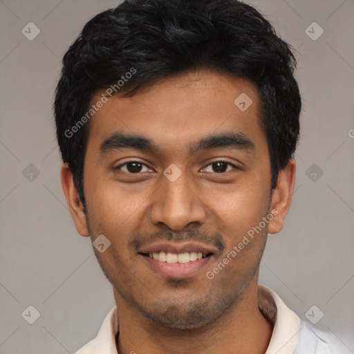 Joyful latino young-adult male with short  black hair and brown eyes