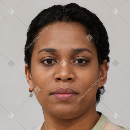 Neutral black young-adult female with short  brown hair and brown eyes