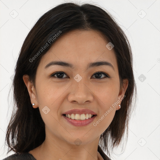 Joyful white young-adult female with medium  brown hair and brown eyes