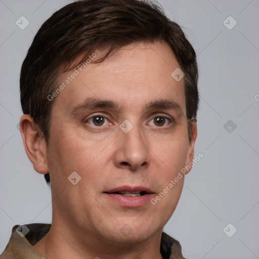 Neutral white adult male with short  brown hair and brown eyes