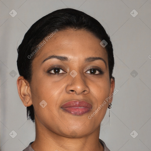 Joyful latino young-adult female with short  black hair and brown eyes