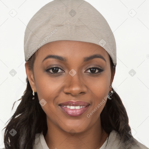 Joyful white young-adult female with long  black hair and brown eyes