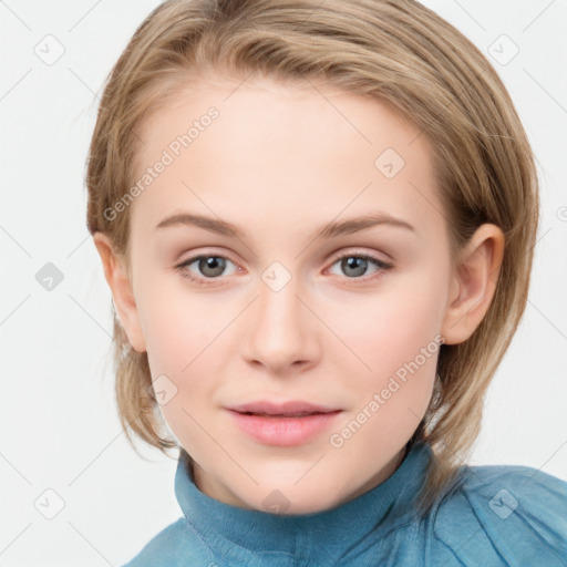 Joyful white child female with medium  brown hair and blue eyes