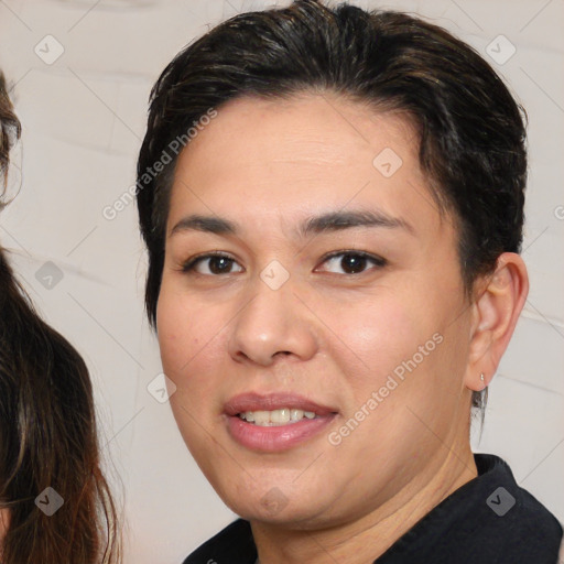 Joyful white young-adult female with medium  brown hair and brown eyes