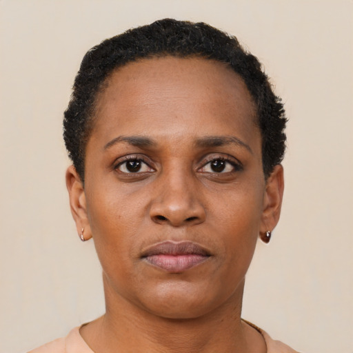 Neutral black young-adult female with short  black hair and brown eyes