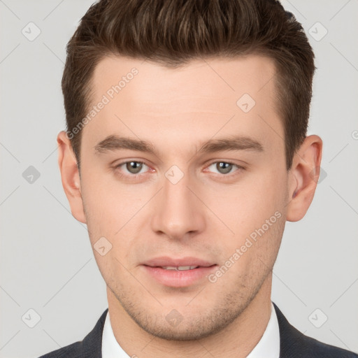 Neutral white young-adult male with short  brown hair and brown eyes