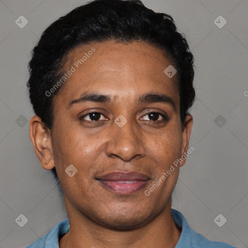 Joyful black young-adult male with short  black hair and brown eyes