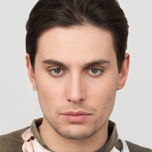 Neutral white young-adult male with short  brown hair and brown eyes