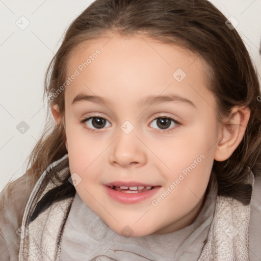 Joyful white child female with medium  brown hair and brown eyes