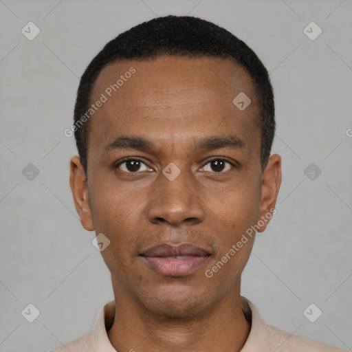 Neutral black young-adult male with short  black hair and brown eyes