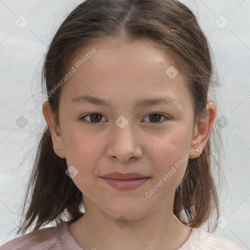 Joyful white child female with medium  brown hair and brown eyes