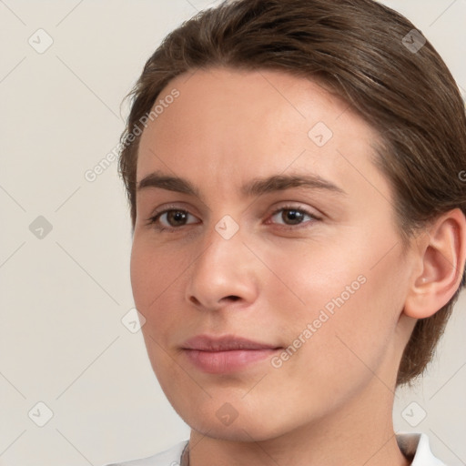 Neutral white young-adult female with medium  brown hair and brown eyes