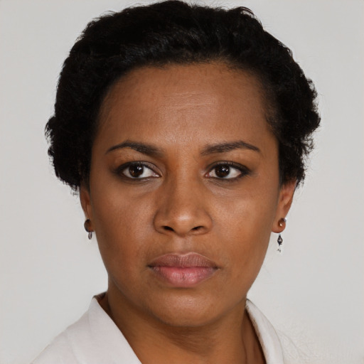 Neutral black young-adult female with short  black hair and brown eyes