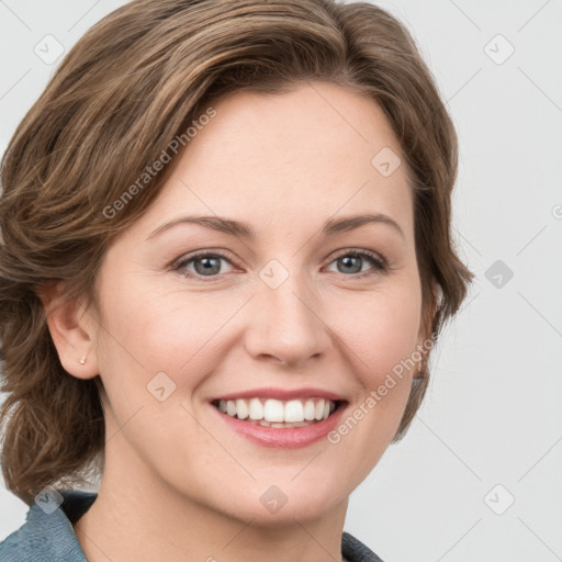 Joyful white young-adult female with medium  brown hair and blue eyes