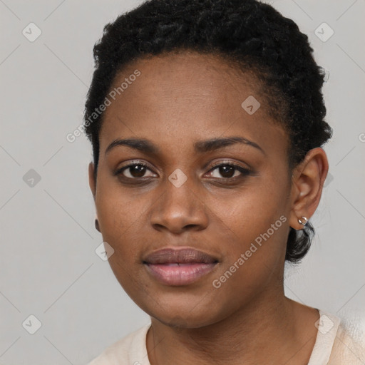 Neutral black young-adult female with short  black hair and brown eyes