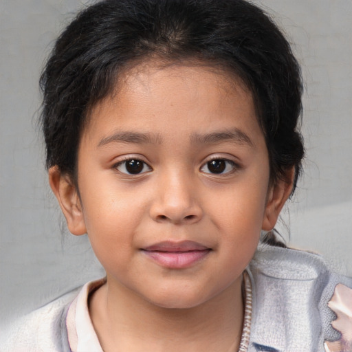 Joyful white child female with medium  brown hair and brown eyes