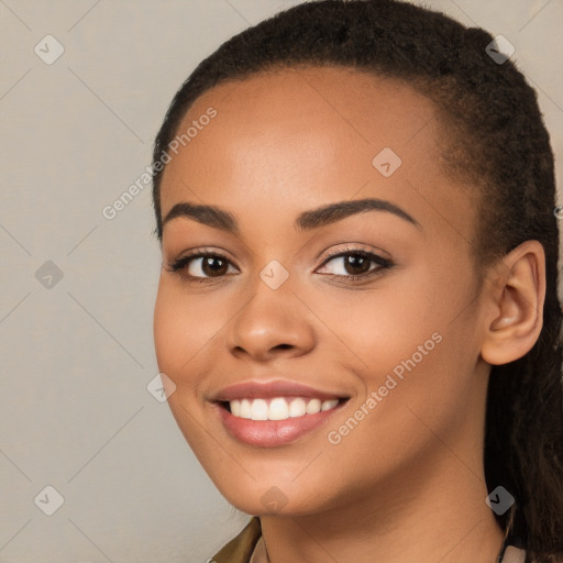 Joyful white young-adult female with long  brown hair and brown eyes