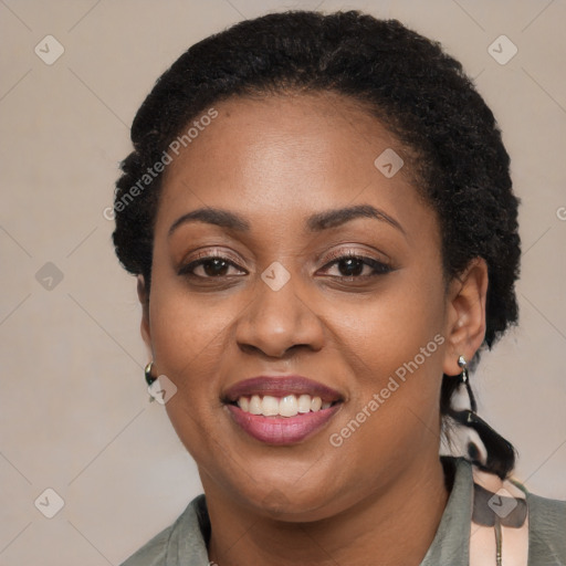 Joyful latino young-adult female with short  black hair and brown eyes