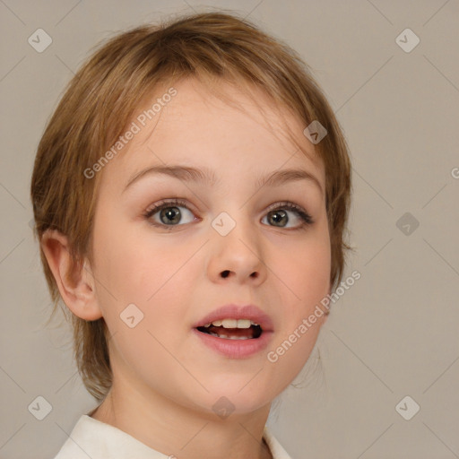 Joyful white child female with medium  brown hair and blue eyes