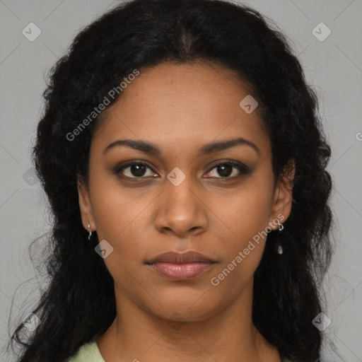 Neutral black young-adult female with long  brown hair and brown eyes