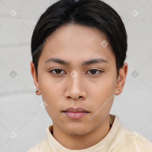 Neutral asian young-adult female with short  brown hair and brown eyes