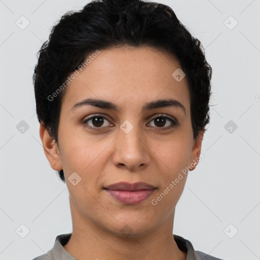 Joyful latino young-adult female with short  brown hair and brown eyes