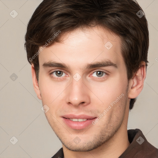 Neutral white young-adult male with short  brown hair and brown eyes