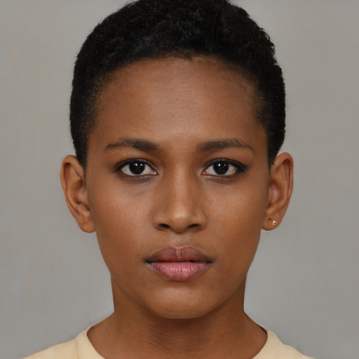 Neutral black young-adult female with short  brown hair and brown eyes