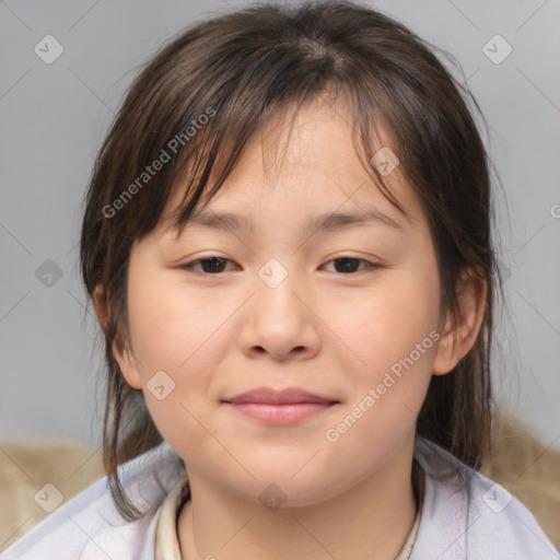 Joyful white child female with medium  brown hair and brown eyes