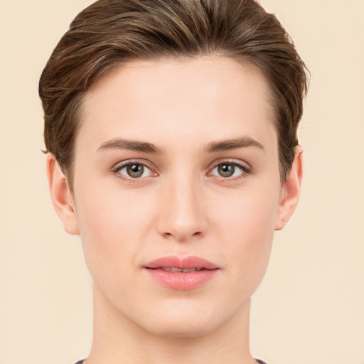 Neutral white young-adult female with short  brown hair and brown eyes