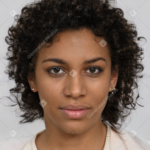 Neutral black young-adult female with medium  brown hair and brown eyes