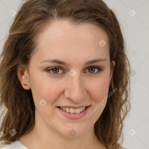 Joyful white young-adult female with medium  brown hair and green eyes