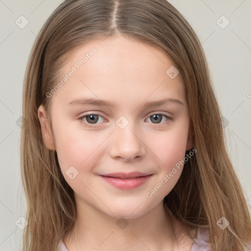 Joyful white child female with medium  brown hair and brown eyes