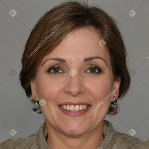 Joyful white adult female with medium  brown hair and grey eyes