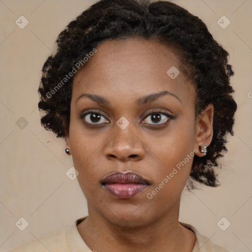 Neutral black young-adult female with short  black hair and brown eyes