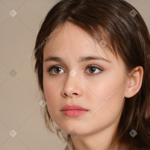 Neutral white young-adult female with medium  brown hair and brown eyes