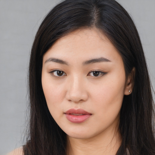Neutral asian young-adult female with long  brown hair and brown eyes