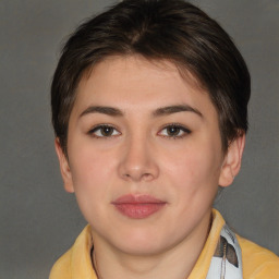 Neutral white young-adult female with short  brown hair and brown eyes