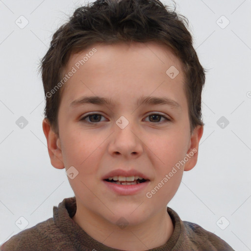 Joyful white child male with short  brown hair and brown eyes