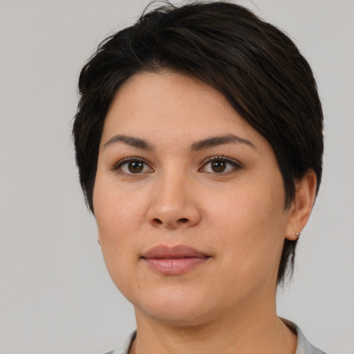 Neutral white young-adult female with medium  black hair and brown eyes