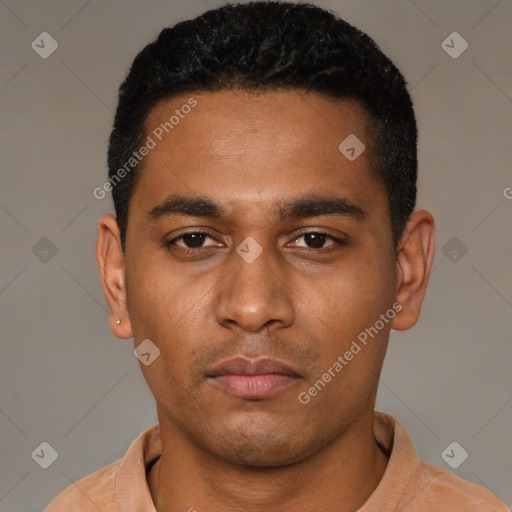 Neutral latino young-adult male with short  black hair and brown eyes