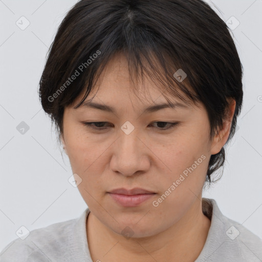 Joyful white adult female with medium  brown hair and brown eyes