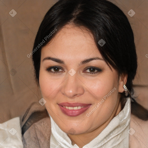 Joyful white adult female with medium  brown hair and brown eyes